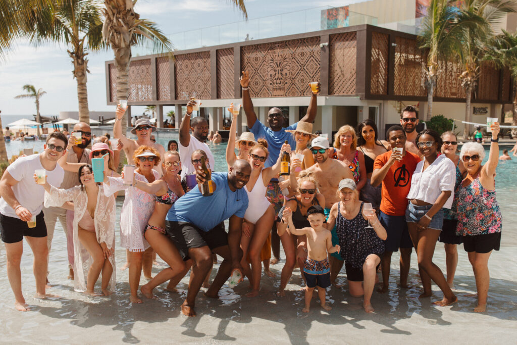 A pool party welcome for the wedding weekend at Cabo San Lucas Hard Rock Hotel.