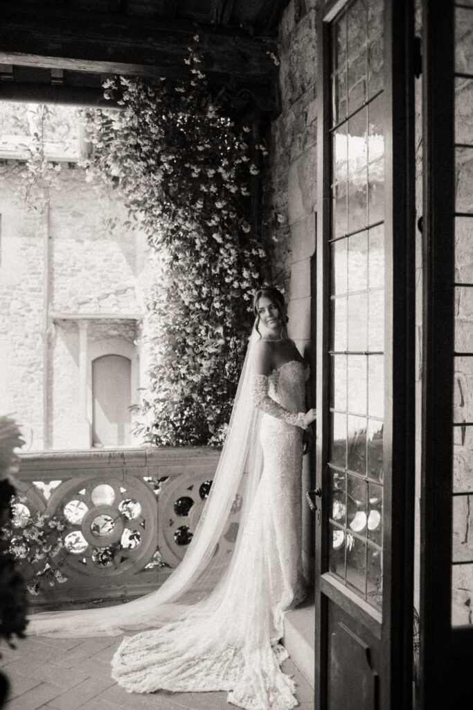 A bride at her destination wedding, at a castle in Tuscany, Italy.